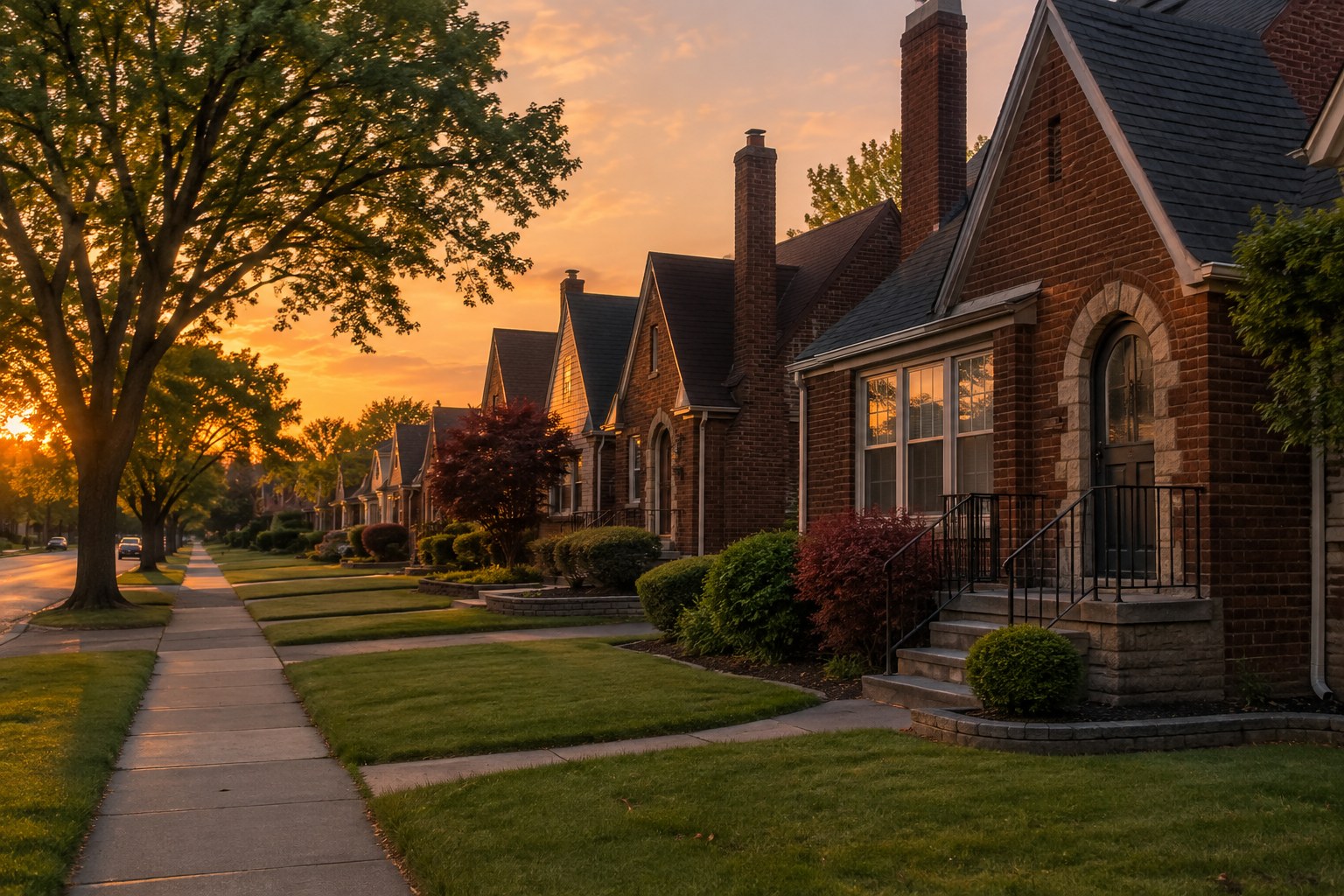 A residential street in Southfield at sunset, illustrative