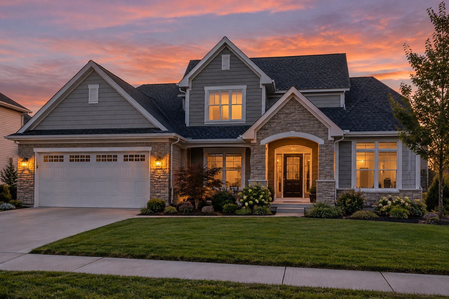 A Metro Detroit home at dusk, illustrative